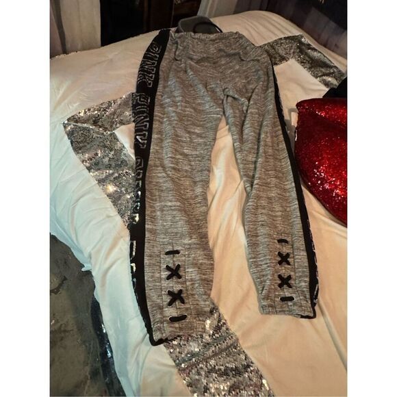 Vs Victorias secret PINK logo sequin bling lace up  sweatpants joggers sz X smal - Picture 2 of 5